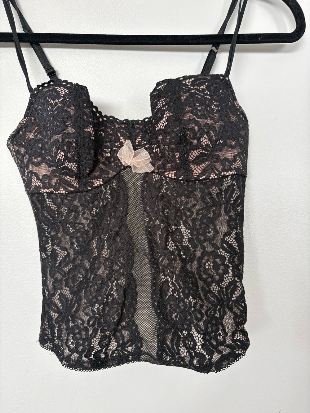Vintage B.Tempt’d Black Lace Corset Bra with Nude Lining and Bow